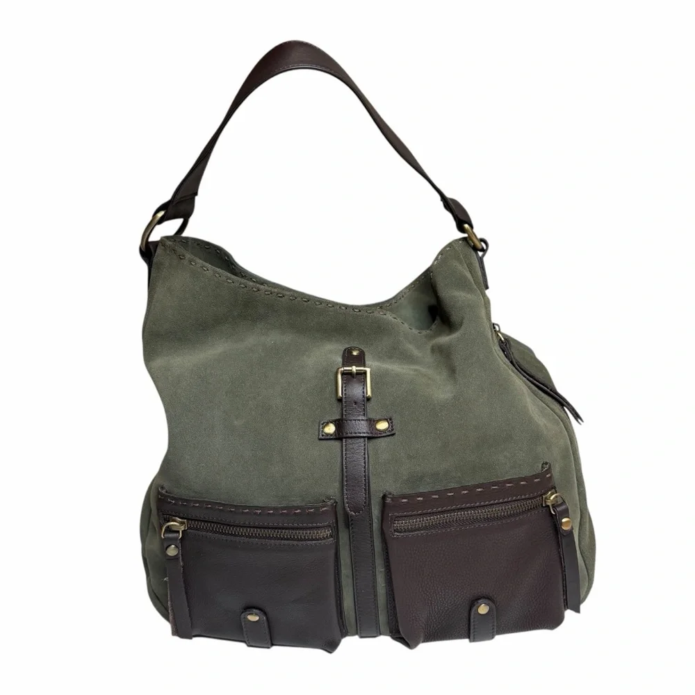 CARLA MANCINI Green Brown‎ Suede Leather Shoulder Hobo Bag NWT Slouchy